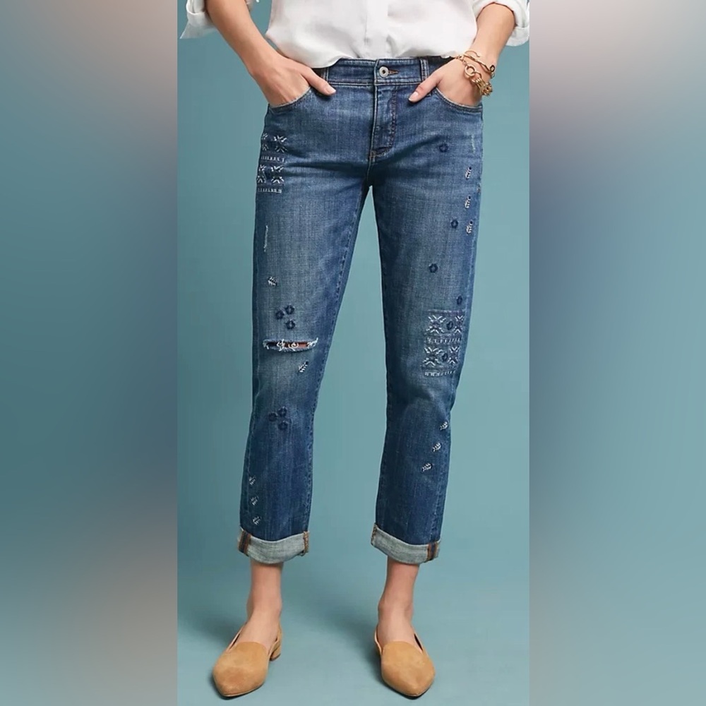 Anthropologie Pilcro Blue Embroidered Distressed Straight-Leg Jeans